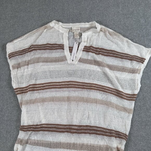 Chicos Cover Up Striped Open Knit Tassel Tie Waist Tunic Dress Beige Tan Medium - Picture 3 of 12